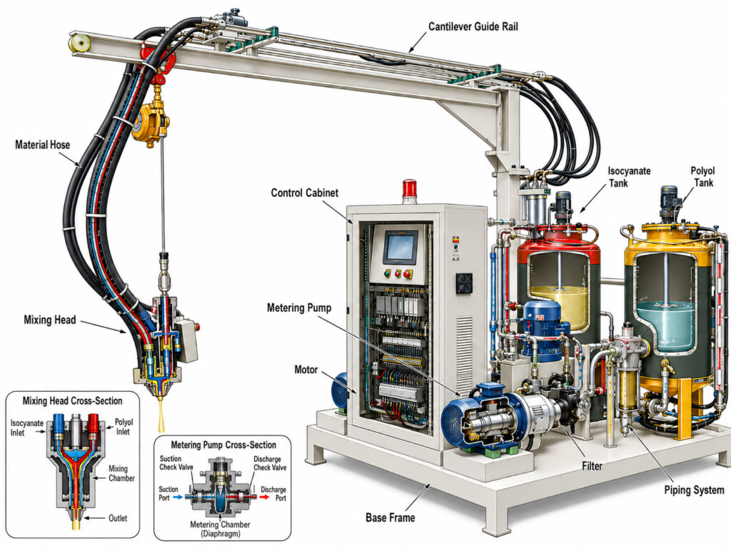 High pressure PU foam machine structure cutaway with mixing head and metering pump cross-sections