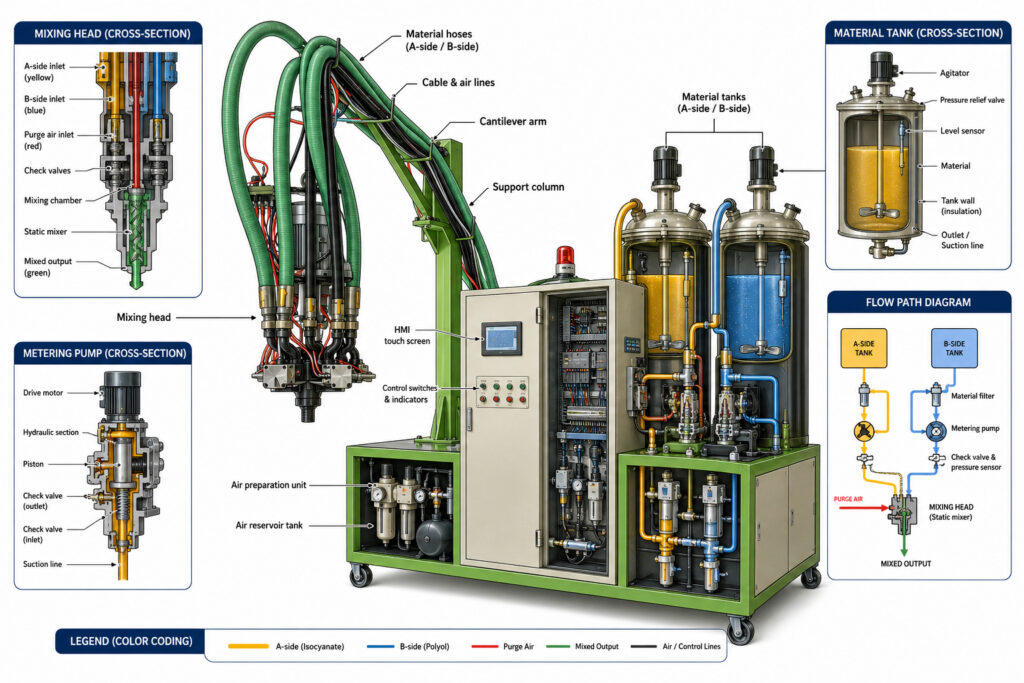 Low pressure PU foaming machine structure with mixing head, metering pump and tank cross-sections and flow path